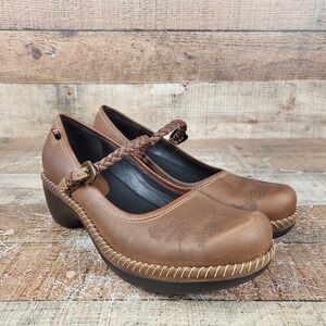 Ecco Sussex Floral Women Size 6/6.5 EU 37 Brown Leather Clogs Mary Jane Braid
